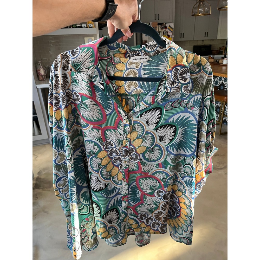 ee:some Tropical Floral Medallion Button Down Blouse Boho Summer Festival Small